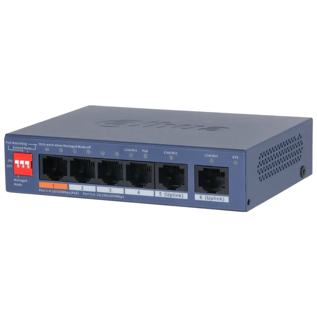 SWITCH 4 PORTS POE 48V 10/100Mbps 2 PORTS GIGABIT RJ45 MANAGEABLE Long distance 250M DAHUA