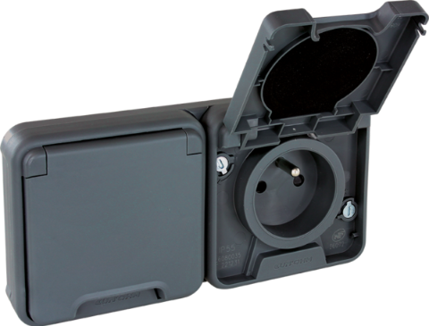 [EUR60852] COMPOSABLE PRISE DOUBLE HORIZONTALE ENCASTREE  2P+T IP55 OXXO GRIS EU